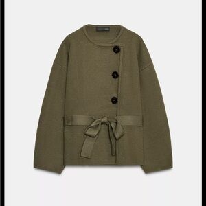 Zara Green Belted Puff Sleeve Cardigan Sweater NEW